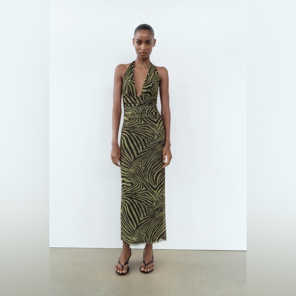 NWT ZARA Elegant Olive Zebra Print Halter Dress M